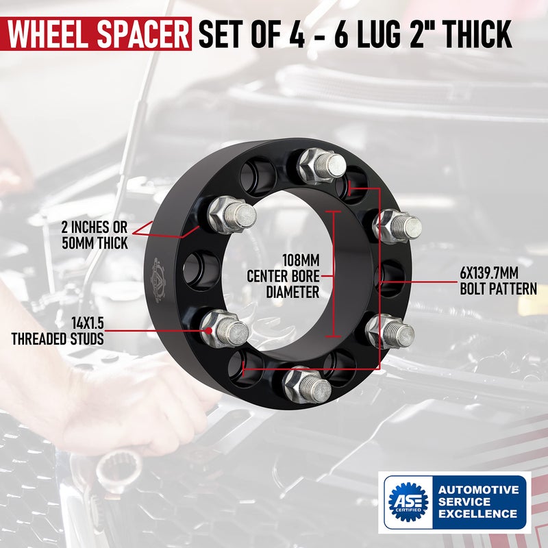 AA Ignition 6x5.5 Wheel Spacers 2 Inch, Set of 4-6 Lug 50mm Wheel Centric Adapter - Fits Chevy, GMC & Cadillac - 1999-2022 Silverado, Sierra, Avalanche, Tahoe & Suburban - 6x139.7mm Bolt Pattern, M14x1.5 Studs - Image 4